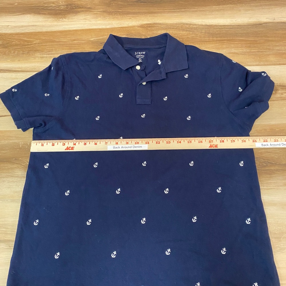 J.Crew Pique Polo Shirt Mens Large Anchor Print Slim Fit Short Sleeve Navy Blue - Picture 7 of 9